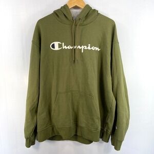 Champion Powerblend Pullover Hoodie Full Script Logo Olive Green Mens 2XL